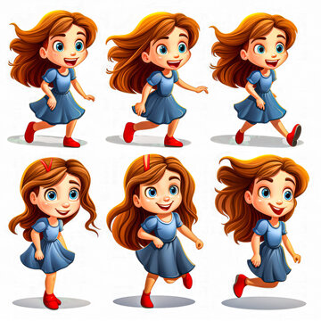 Set of emotions for cartoon girl character with multiple poses and expression
