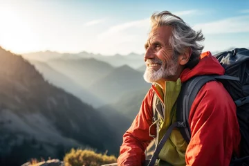 Poster Smiling portrait of a happy senior man hiker hiking in the forests and mountains © Baba Images