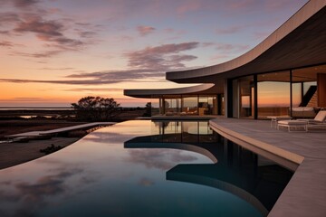 Fototapeta premium Modern luxury house or villa with an infinity pool overlooking a beatiful view of the ocean and sky