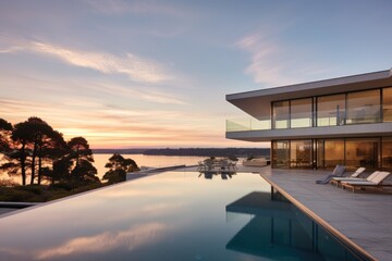 Modern luxury house or villa with an infinity pool overlooking a beatiful view of the ocean and sky