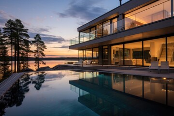 Obraz premium Modern luxury house or villa with an infinity pool overlooking a beatiful view of the ocean and sky