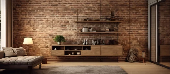 Fototapeten Decorated living room with vintage screen, designated office space, and brown brick wall. © Vusal