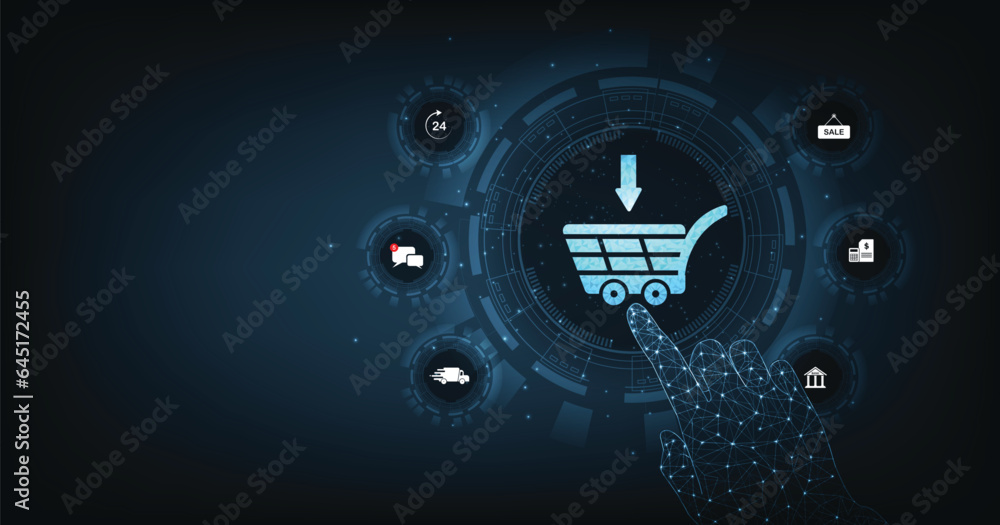 Poster online business and internet trading concept. a virtual image cart on a dark blue background conveys