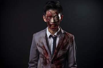 studio portrait of zombie asian man wearing business suit