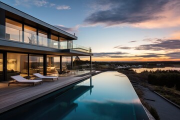Fototapeta premium Modern luxury house or villa with an infinity pool overlooking a beatiful view of the ocean and sky
