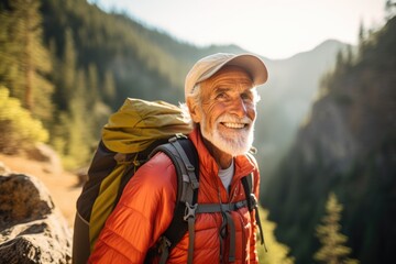 Naklejka premium Smiling portrait of a happy senior man hiker hiking in the forests and mountains