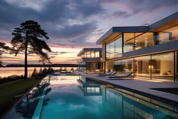 Obraz premium Modern luxury house or villa with an infinity pool overlooking a beatiful view of the ocean and sky