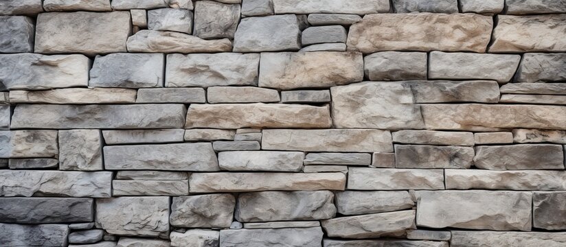 Real stone wall surface with cement in a modern style design, featuring an uneven and cracked decorative gray color pattern.