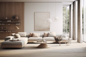 Cozy living room in a modern nordic designed home with plenty of natural light - obrazy, fototapety, plakaty