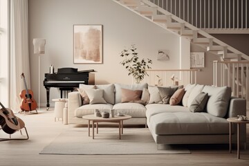 Cozy living room in a modern nordic designed home with plenty of natural light