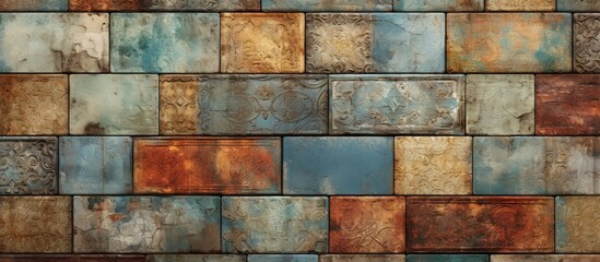 Multicolored rustic digital tile decor for the home interior, with heavily mixed wall art design, suitable for wallpaper, linoleum, textiles, or background.