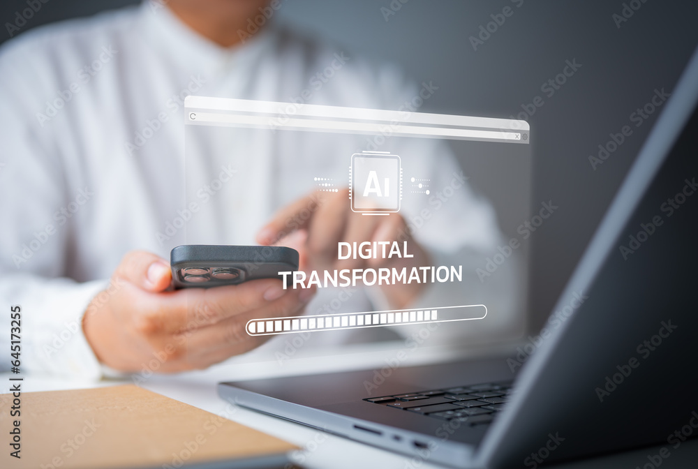 Poster digital transformation change management. hand touch on a virtual screen of digitalization technolog