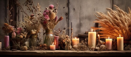 Candles and dried flowers used for rustic interior d�cor.