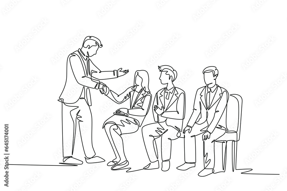 Poster continuous one line drawing company manager meet and handshaking employee candidates while sitting o
