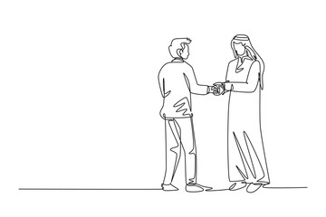 Single one line drawing businessmen handshaking his Arabian business partner. Great teamwork. Business project deal cooperation concept. Modern continuous line draw design graphic vector illustration