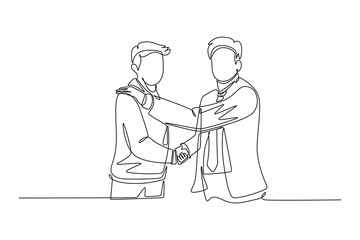 Continuous one line drawing front view businessmen handshaking his business partner after deal big project. Great teamwork. Business deal concept. Single line draw design vector graphic illustration