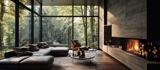 Large windows surround a corner fireplace in a living room with couches, overlooking the street.