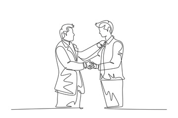 Single continuous line drawing of businessmen handshaking his business partner. Great teamwork. Business deal or strategic cooperation concept. Dynamic one line draw graphic design vector illustration