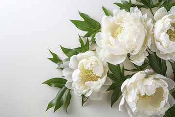 White peony flowers with green leaves on white background, top view