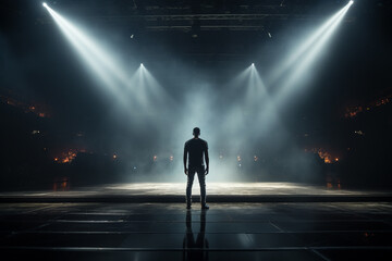 Fototapeta na wymiar Young man standing in back of stage lights and looking at spotlights