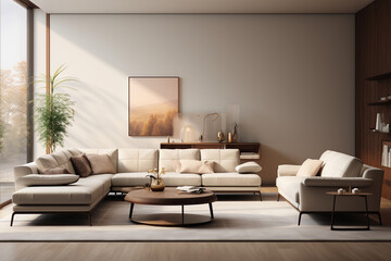 Interior of modern living room with white walls, wooden floor, beige sofas with cushions and coffee table. 3d rendering