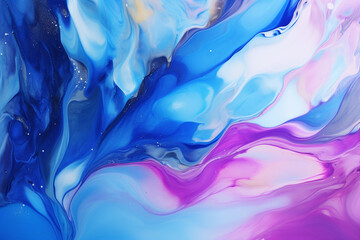 Abstract background of acrylic paint in blue, pink and white tones.