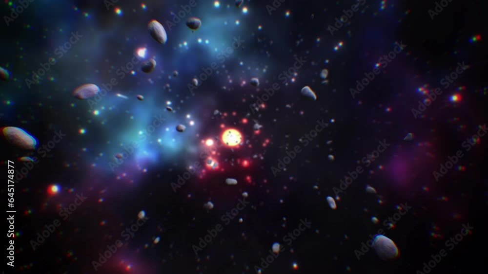 Aufkleber 3d animation space and universe system with stone and dust come to camera.