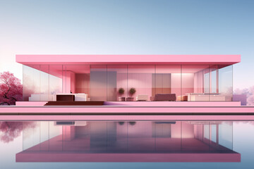3d rendering of modern house in pink color with cherry blossoms