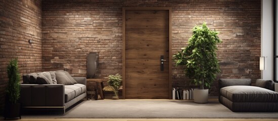 Contemporary entrance hall in a loft with a wooden door and brick wall.