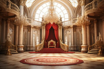 Interior of royal palace with red carpet and stairway, 3d render - obrazy, fototapety, plakaty
