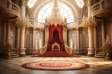 Fotobehang Interior of royal palace with red carpet and stairway, 3d render © Creative