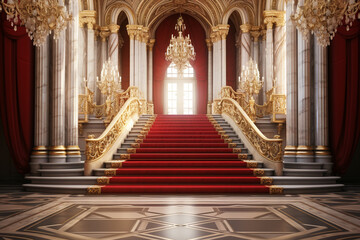 Interior of royal palace with red carpet and stairway, 3d render