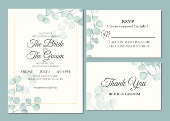 Manual painted of eucalyptus leaves watercolor as wedding invitation 
