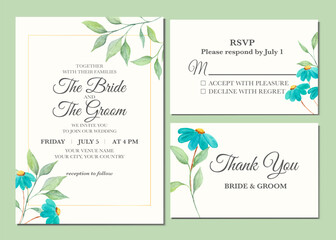 Manual painted of blue flower watercolor as wedding invitation 
