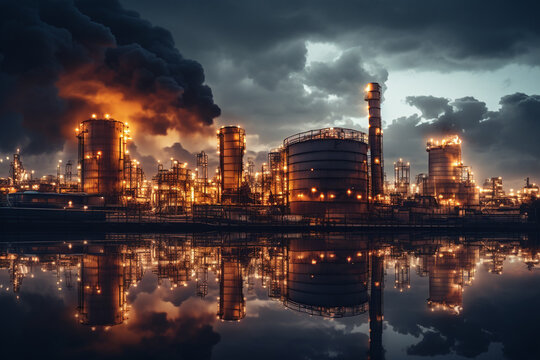 Refinery plant with smoke at night. Toned image, toned