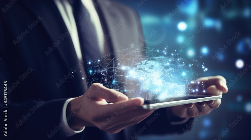 Poster ai generated 3d image of businessman holding world model with a global network light field hologram 