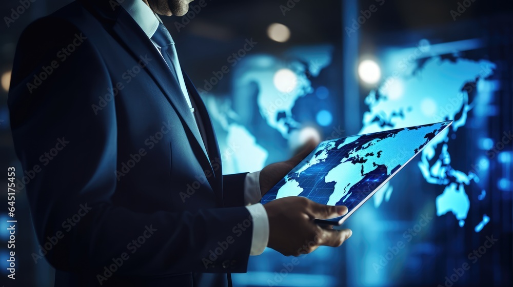 Poster ai generated 3d image of businessman holding world model with a global network light field hologram 
