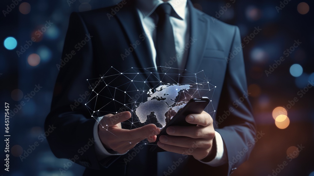 Poster ai generated 3d image of businessman holding world model with a global network light field hologram 