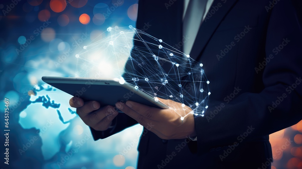 Poster ai generated 3d image of businessman holding world model with a global network light field hologram 