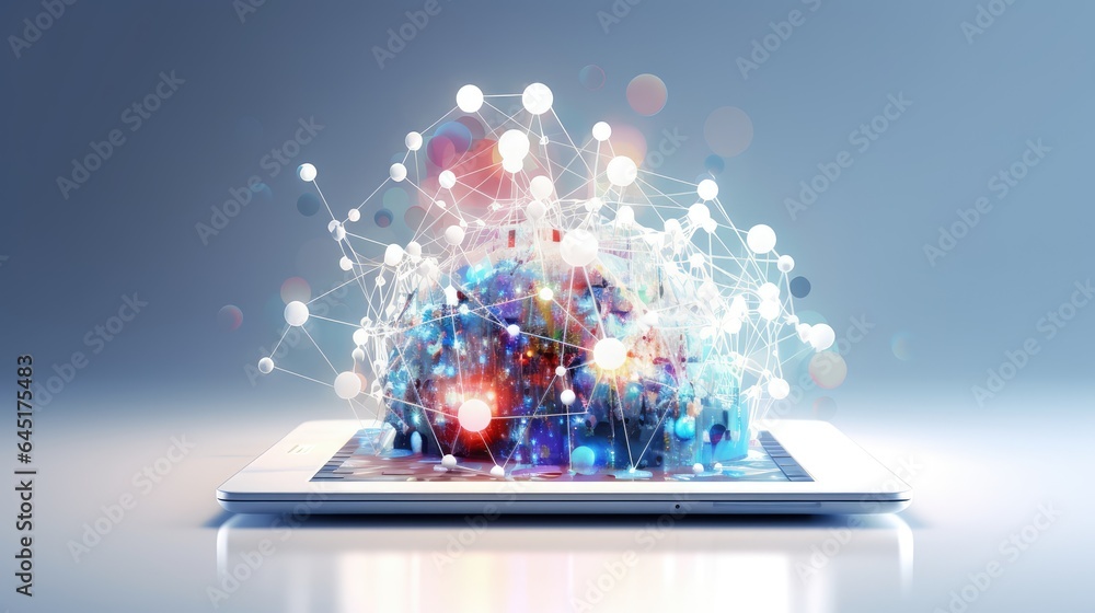 Poster close up of the tablet pc with a global network connection concept. ai generated 3d image