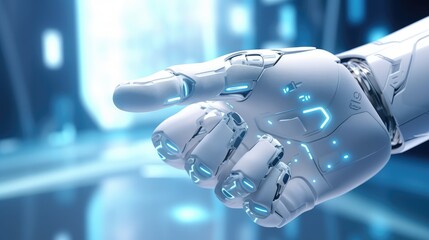 AI generated 3d image of cyborg hand with a hologram technology screen background.