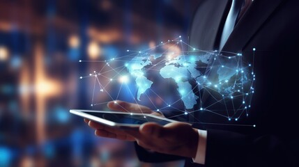 Businessman with a world map hologram technology screen background. 3d AI generated image