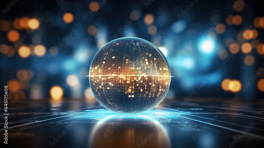 Poster businessman with a world map hologram technology screen background. 3d ai generated image