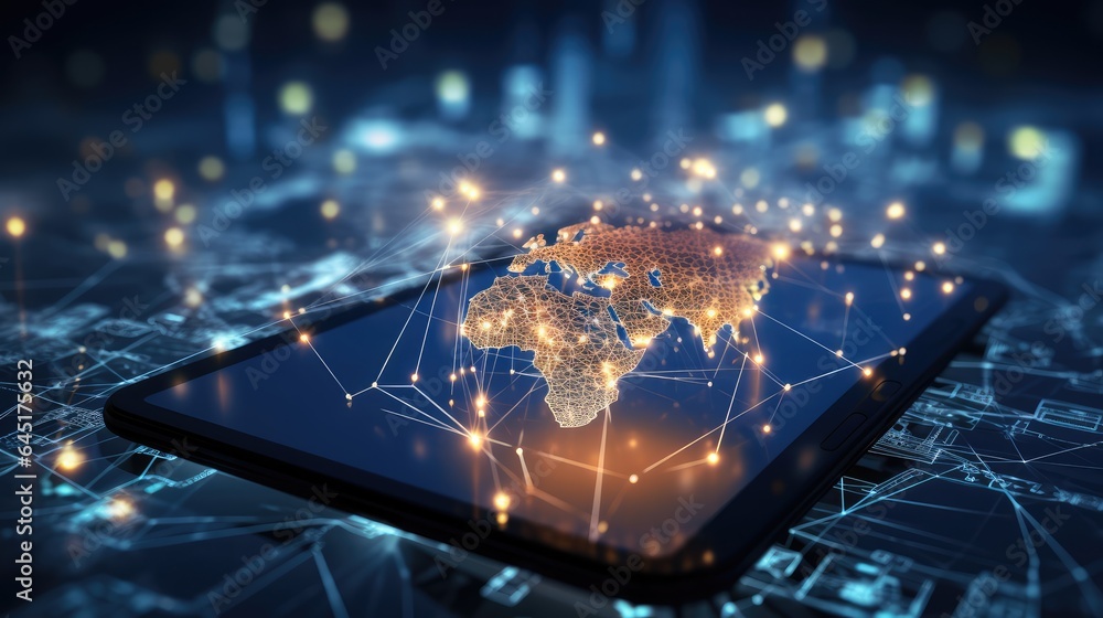 Poster close up of the tablet pc with a global network connection concept. ai generated 3d image