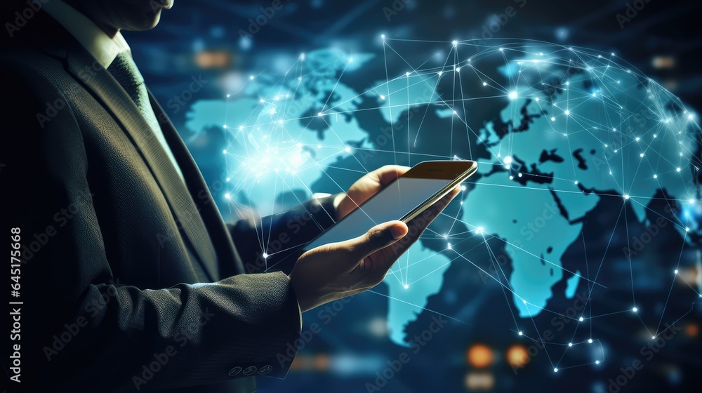 Poster ai generated 3d image of businessman holding world model with a global network light field hologram 