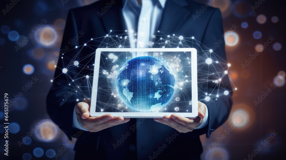 Poster businessman with a world map hologram technology screen background. 3d ai generated image