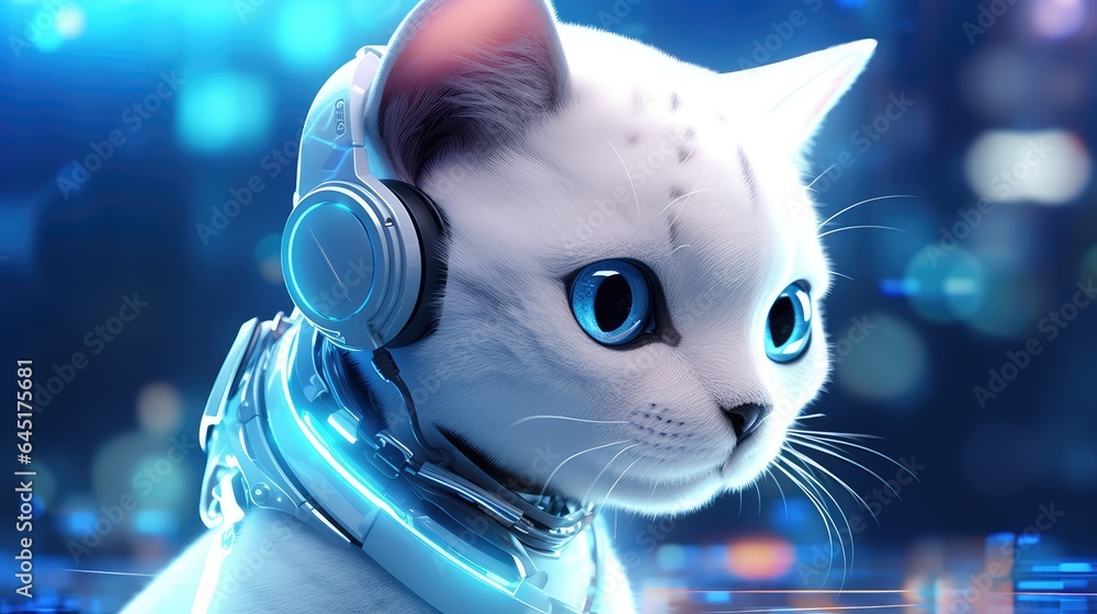 Poster ai generated illustration picture of a futuristic robot cat cyber security concept on blurred bokeh 