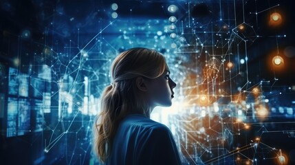 Close up of woman with a hologram screen background. 3d AI generated image