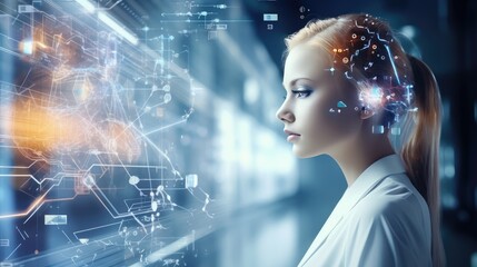 Close up of woman with a hologram screen background. 3d AI generated image