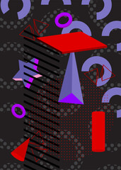 Black, red and purple geometrical graphic retro theme cover. Minimal geometric elements poster design. Vintage abstract shapes template for poster banner.